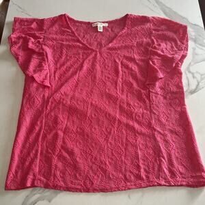 French Laundry Plus Size 2X Pink V Neck Short Ruffle Sleeve Blouse Embroidered